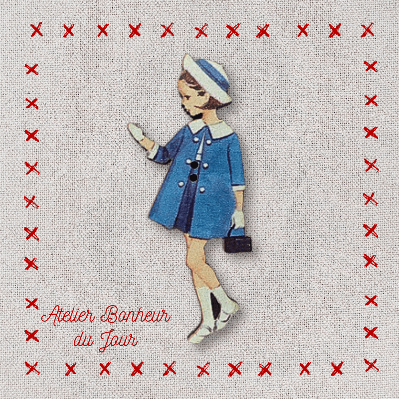 Decorative wooden button "Little girl blue coat" Atelier bonheur du jour