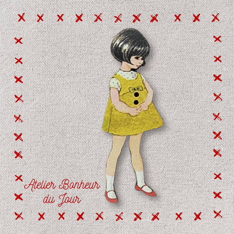 Decorative wooden button "Little girl yellow dress" Atelier bonheur du jour