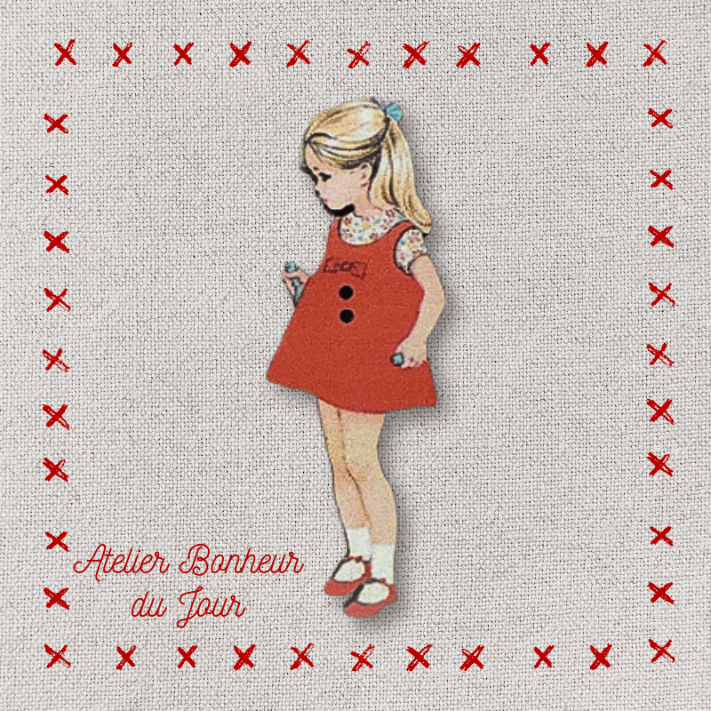 Decorative wooden button "Blonde girl in red dress" Atelier bonheur du jour