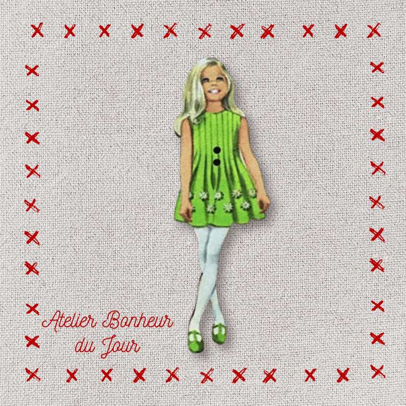 Decorative wooden button "Teenage girl green dress" Atelier bonheur du jour