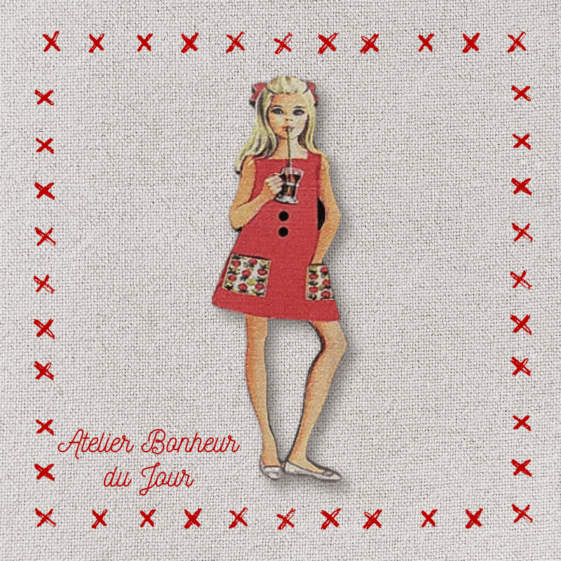 Decorative wooden button "Teenage girl red dress" Atelier bonheur du jour