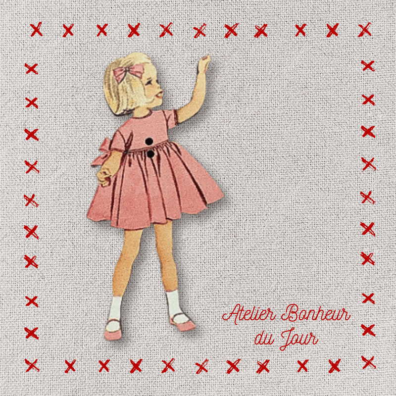 Bouton décoratif en bois "Fillette robe rose" Atelier bonheur du jour