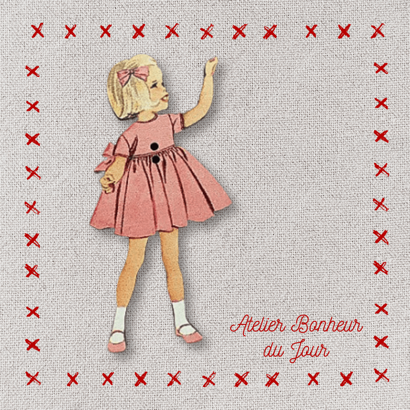 Decorative wooden button "Little girl pink dress" Atelier bonheur du jour