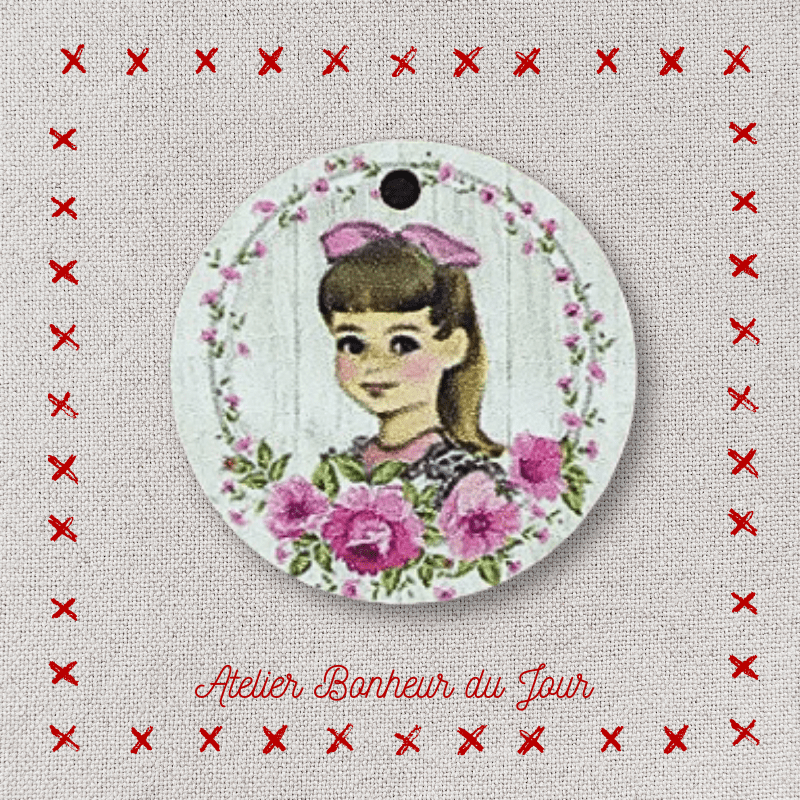 Bouton décoratif en bois "fillette - roses" Atelier bonheur du jour