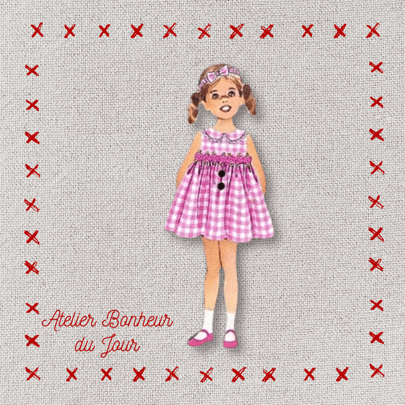 Decorative wooden button "Little girl's pink gingham dress" Atelier bonheur du jour