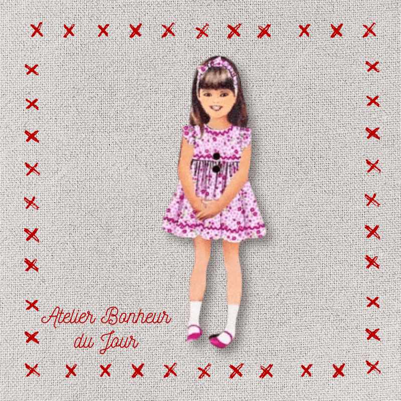 Decorative wooden button "Little girl dress pink flowers" Atelier bonheur du jour