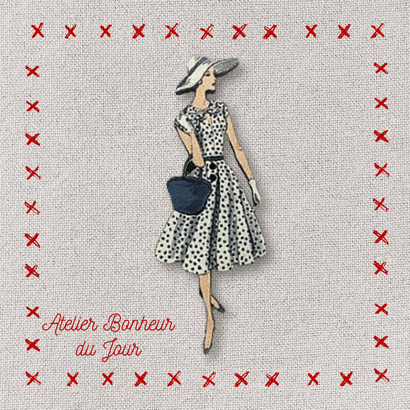 Decorative wooden button "Lady black polka dot dress" Atelier bonheur du jour