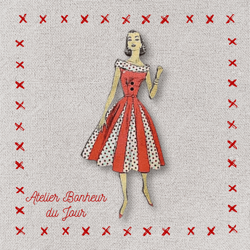 Decorative wooden button "Lady red polka dot dress" Atelier bonheur du jour