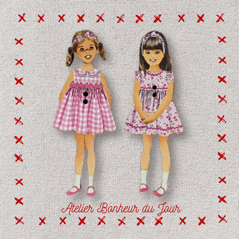 Decorative wooden button "Vintage girls duo" Atelier bonheur du jour