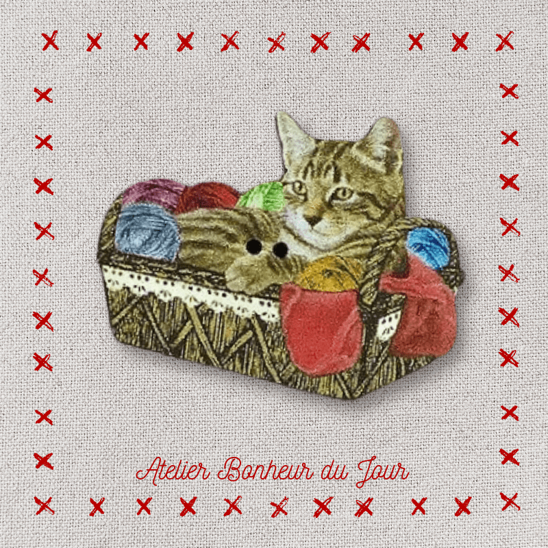 bouton décoratif en bois "panière chat et laine" Atelier bonheur du jour