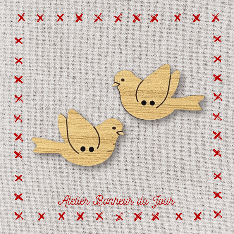 Decorative wooden button "Couple birds in flight" Atelier bonheur du jour