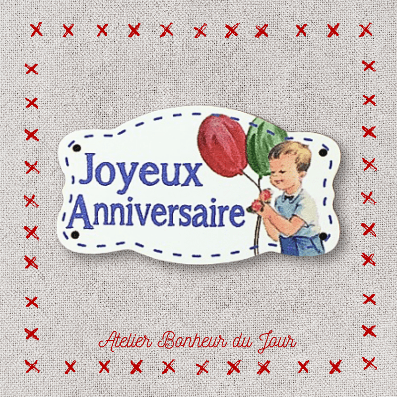 Decorative wooden button small "Happy birthday" plaque Atelier bonheur du jour