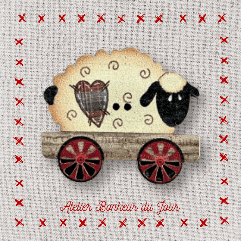 Decorative wooden button "Sheep in a little cart" Atelier bonheur du jour