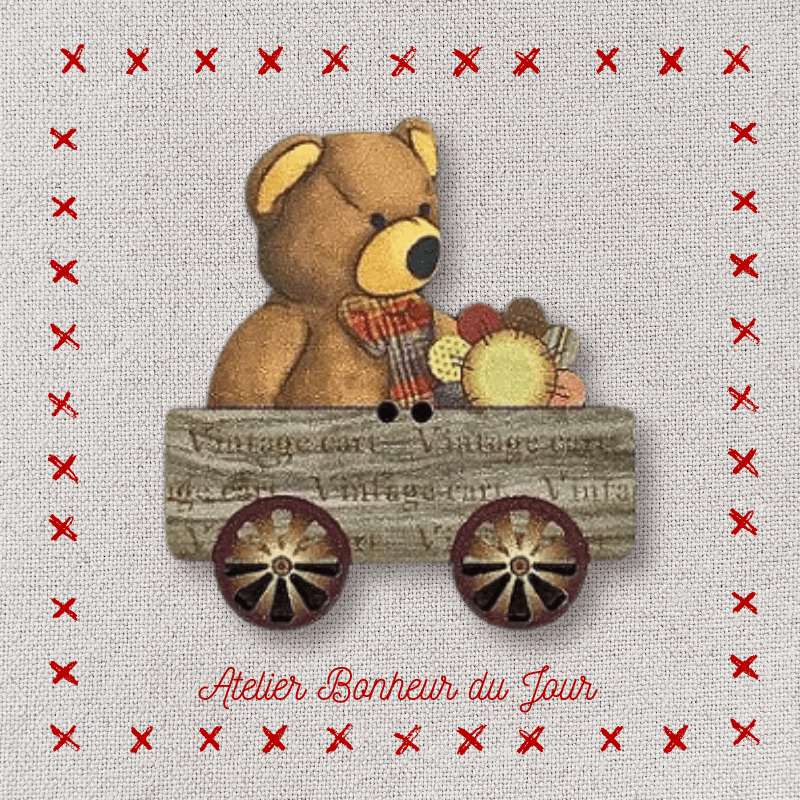 Decorative wooden button "Teddy in a little cart" Atelier bonheur du jour