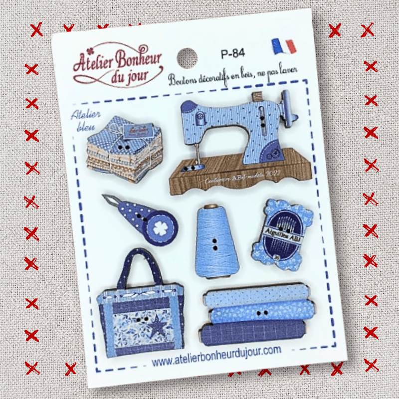 Decorative wooden button "Blue workshop" pouch Atelier bonheur du jour