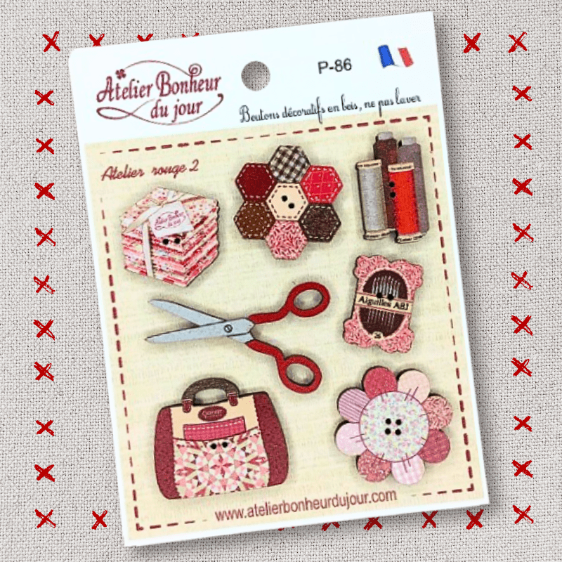 Decorative wooden button "Red workshop 2" pouch Atelier bonheur du jour