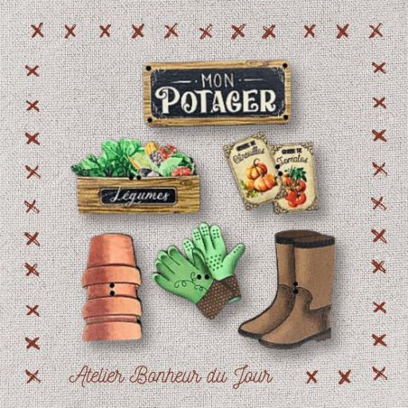 decorative wooden buttons in pouch "My vegetable garden" Atelier Bonheur du jour