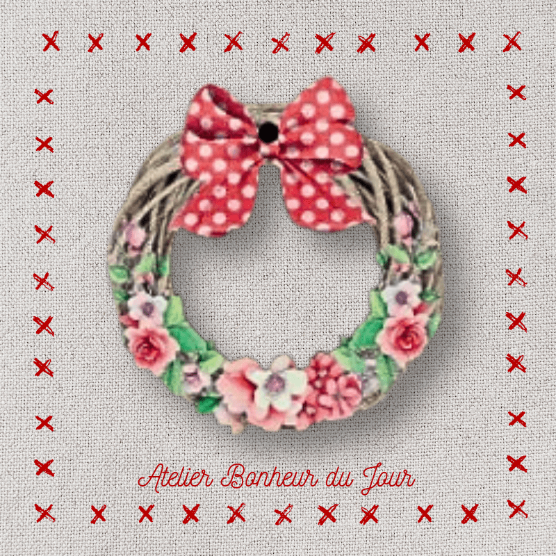 decorative wooden button in pouch "Pink knot door wreath" Atelier Bonheur du jour