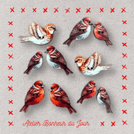 Decorative wooden buttons "Red birds" Atelier Bonheur du jour