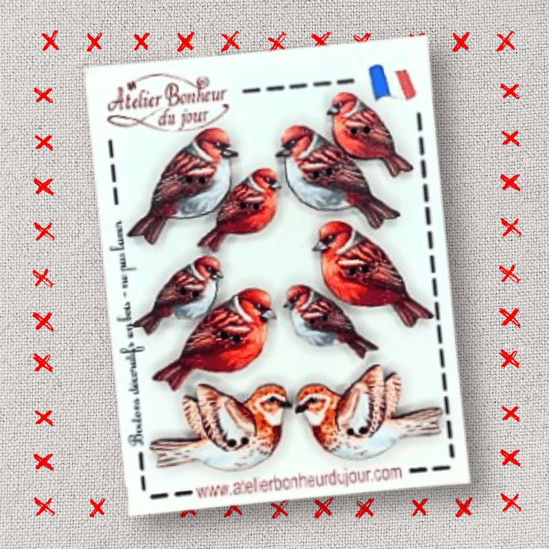 Decorative wooden buttons "Red birds" Atelier Bonheur du jour