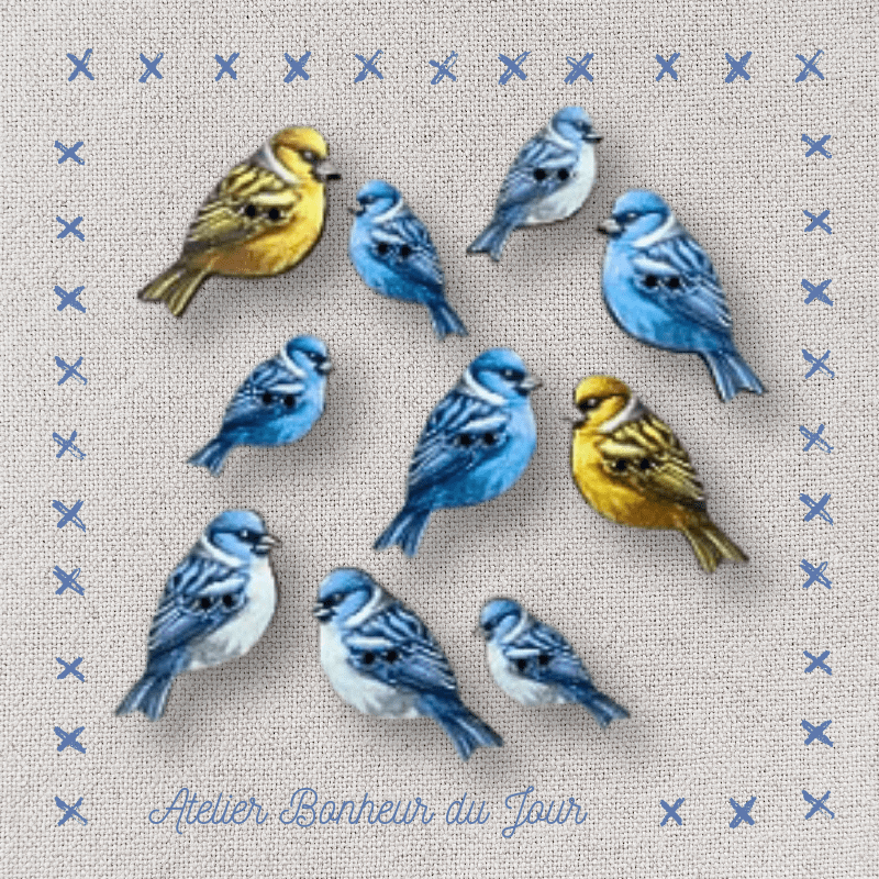 Decorative wooden buttons "Blue birds" Atelier Bonheur du jour