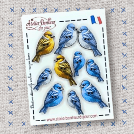 Decorative wooden buttons "Blue birds" Atelier Bonheur du jour