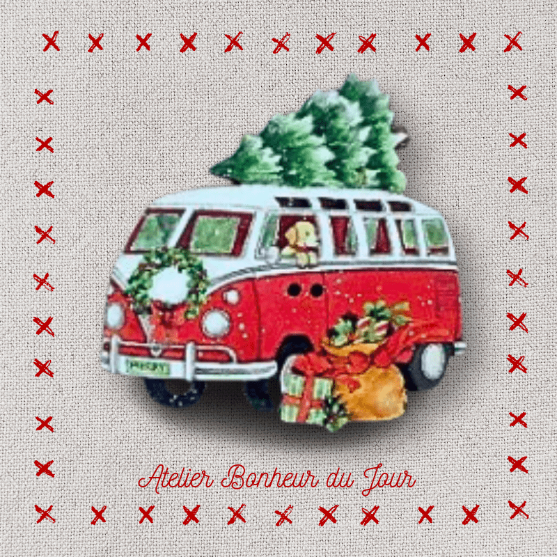 Decorative wooden button "Santa's VAN" Atelier Bonheur du jour