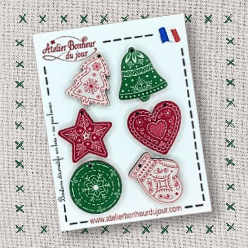 Decorative wooden button in pouch "Christmas decorations" Atelier Bonheur du jour